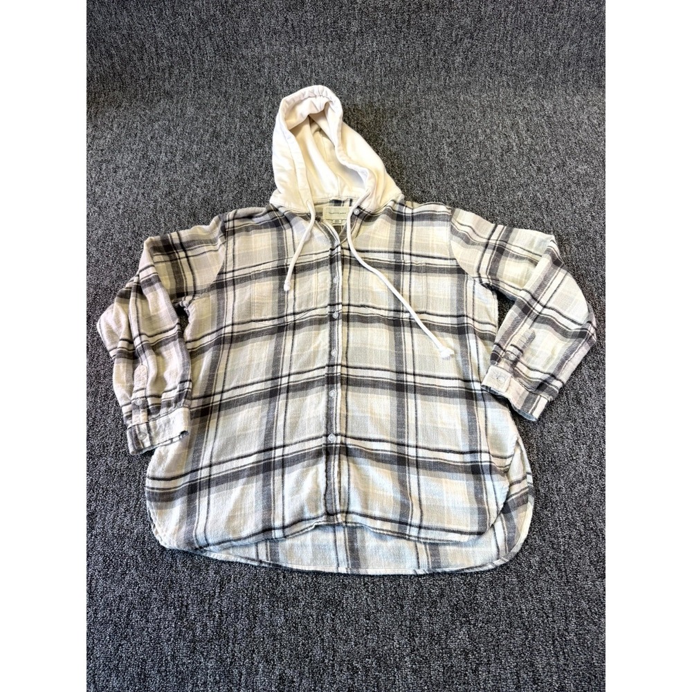 American Eagle Outfitters Hooded Flannel Shirt Womens Medium Gray White Plaid